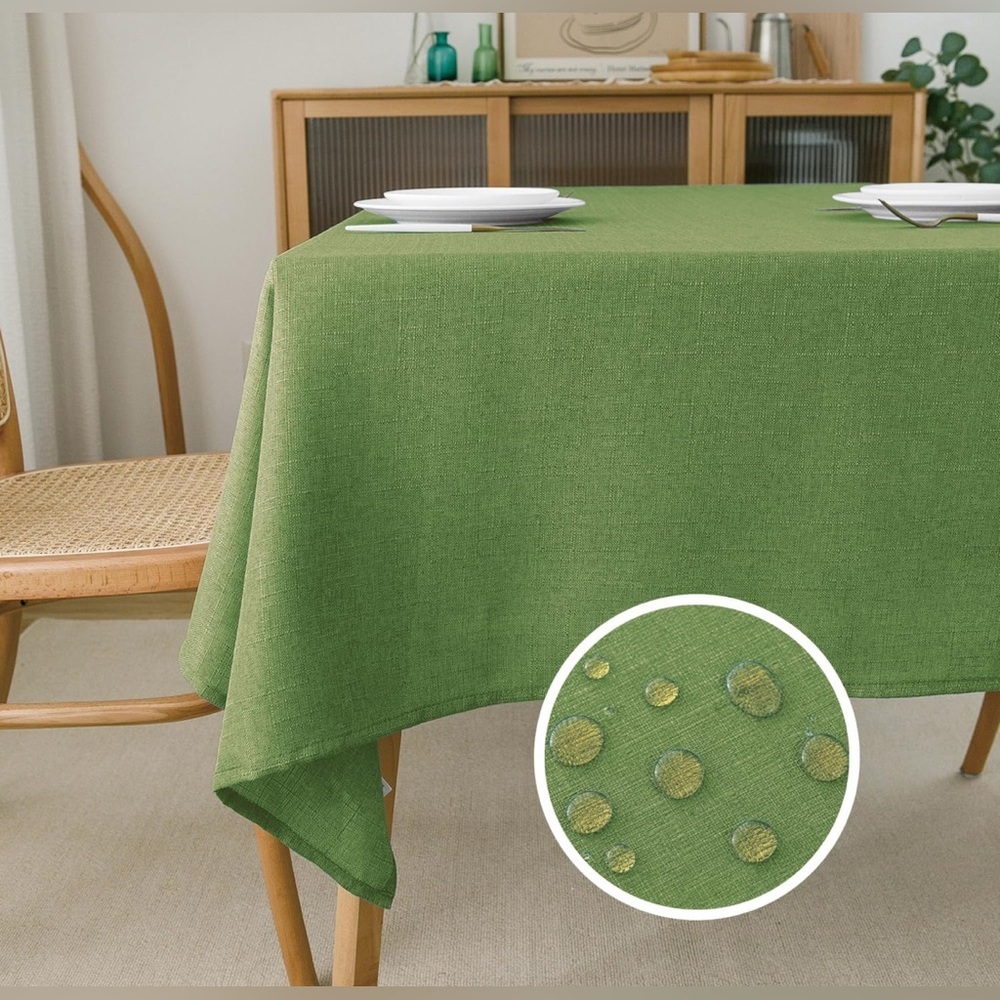 Olive Green Tablecloth Rectangle, Linen Table Cloth Water Resistant Faux